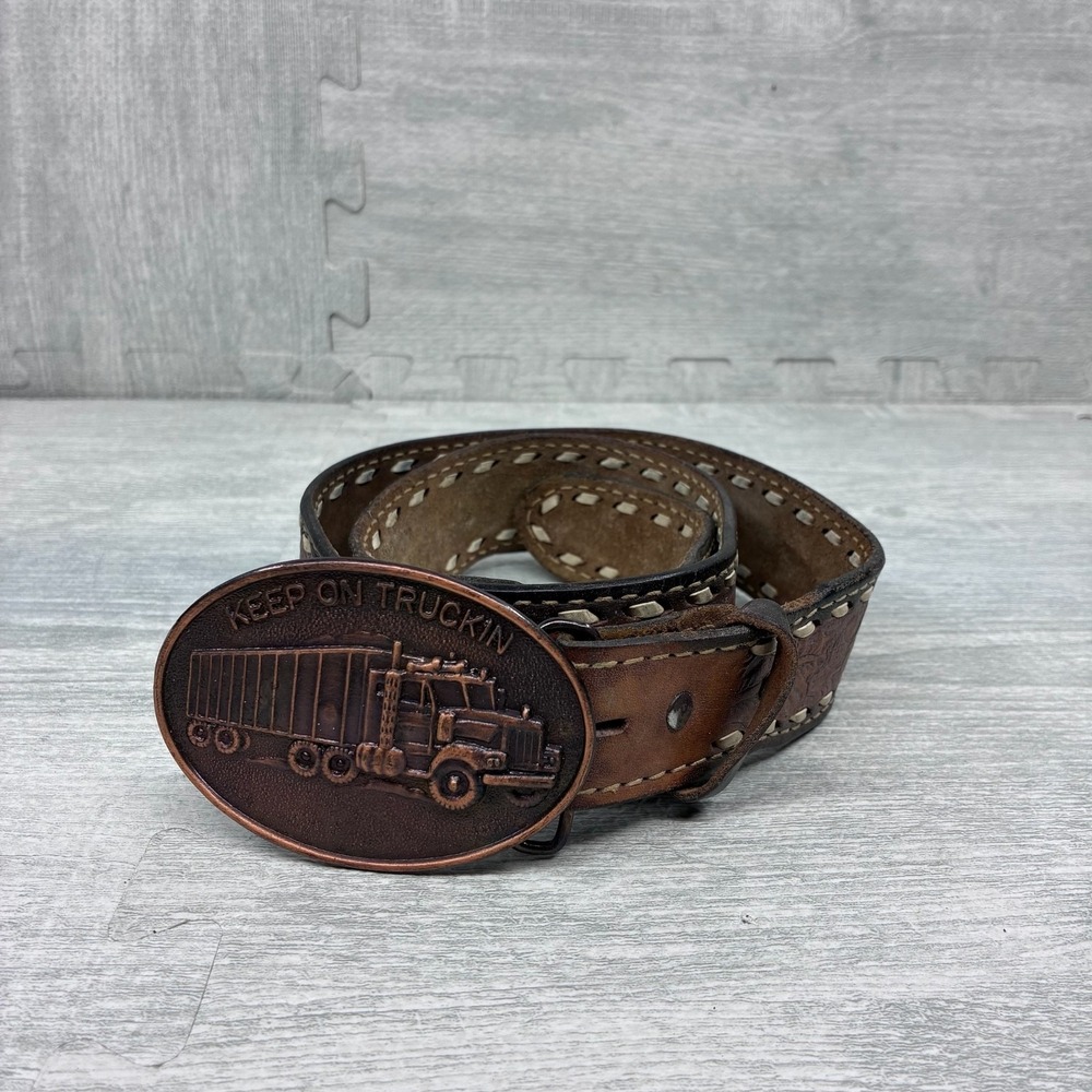 Circle Y Western Leather Belt Mens 38 Leather Detail Keep on Truckin Buckle
